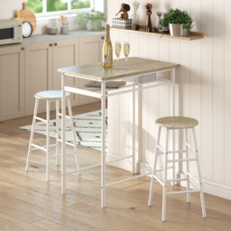 HOMCOM Bar Table and Stools w/ Metal Frame Footrest, Storage Shelf, Bar Table Set for Kitchen, Dining Room, Cafe, White & Oak - Aosom UK - thumbnail 2