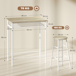 HOMCOM Bar Table and Stools w/ Metal Frame Footrest, Storage Shelf, Bar Table Set for Kitchen, Dining Room, Cafe, White & Oak - Aosom UK - thumbnail 3