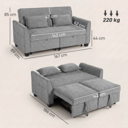HOMCOM 2 Seater Sofa Bed, 4-in-1 L-Shaped Convertible Pull-Out Sleeper Sofa with Adjustable Backrest and Side Pockets, Grey - thumbnail 3
