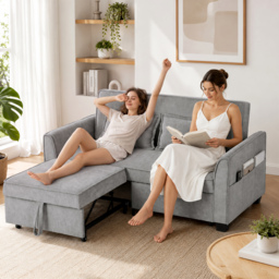 HOMCOM 2 Seater Sofa Bed, 4-in-1 L-Shaped Convertible Pull-Out Sleeper Sofa with Adjustable Backrest and Side Pockets, Grey - thumbnail 9