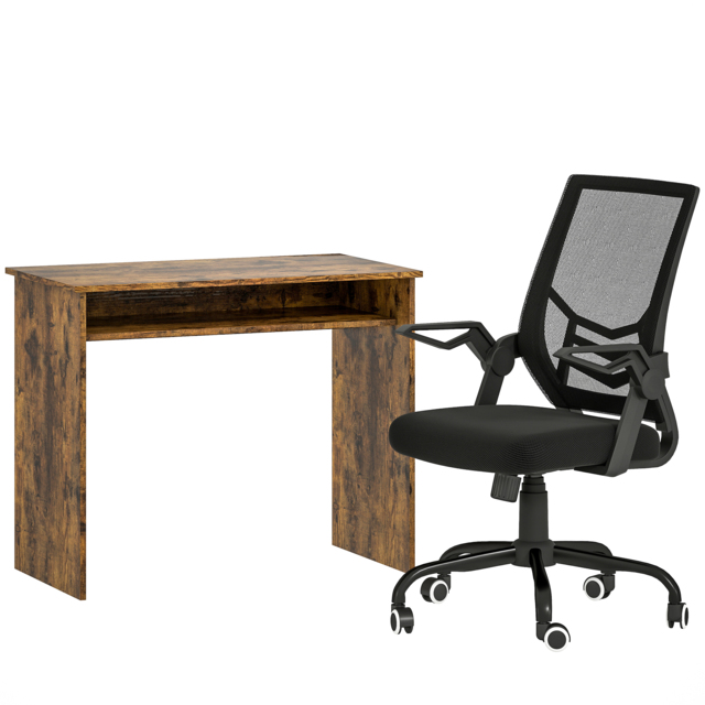 HOMCOM Modern Home Office Furniture Set, Computer Desk with Storage Shelf and Ergonomic Mesh Chair with Flip-Up Armrests, Lumbar Support, Adjustable Height, Rustic Brown and Black - image 1