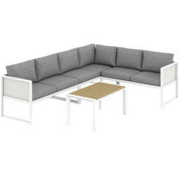 Outsunny 6 Seater Metal Garden Furniture Corner Sofa Set with 3 Loveseats, Faux Wood Table, Texteline Seat, Cushions, White - thumbnail 1