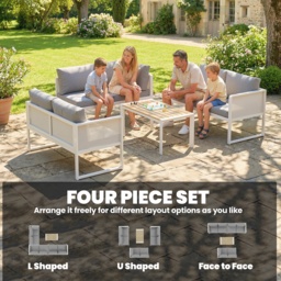 Outsunny 6 Seater Metal Garden Furniture Corner Sofa Set with 3 Loveseats, Faux Wood Table, Texteline Seat, Cushions, White - thumbnail 4