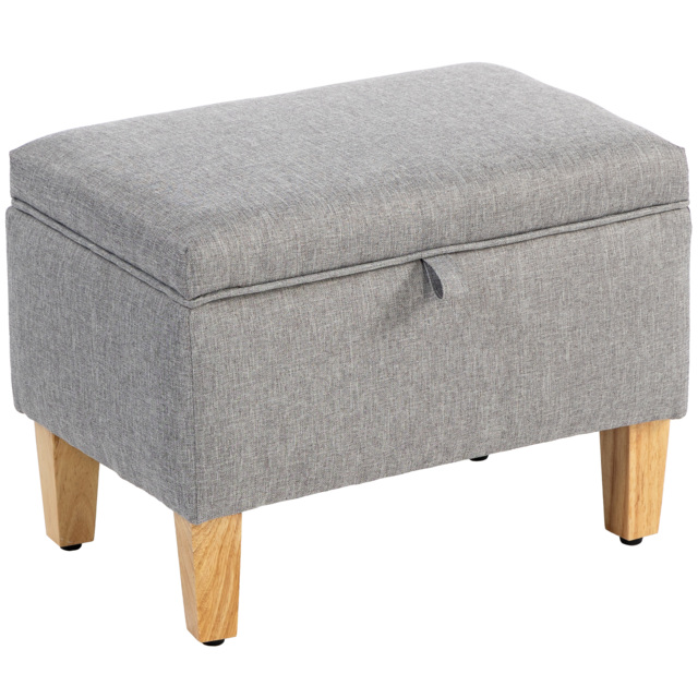 HOMCOM 16L Linen Storage Ottoman Padded Footstool with Rubberwood Legs for Storage Box, Bed End, Shoe Bench, Seating, Light Grey - image 1