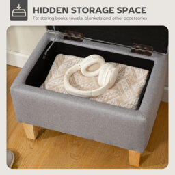 HOMCOM 16L Linen Storage Ottoman Padded Footstool with Rubberwood Legs for Storage Box, Bed End, Shoe Bench, Seating, Light Grey - thumbnail 4