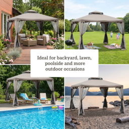 Outsunny 3x3m Outdoor Garden Gazebo Tent, Ventilated 2-Tier Roof Patio Canopy Event Shelter with Mesh Netting, Taupe - Aosom UK - thumbnail 4