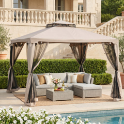 Outsunny 3x3m Outdoor Garden Gazebo Tent, Ventilated 2-Tier Roof Patio Canopy Event Shelter with Mesh Netting, Taupe - Aosom UK - thumbnail 2