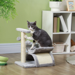 PawHut Kitten Activity Tree with Sisal Scratching Posts, Compact Cat Play Tower with Rotating Bar, Tunnel, Grey - Aosom UK - thumbnail 2
