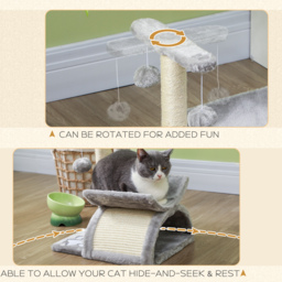 PawHut Kitten Activity Tree with Sisal Scratching Posts, Compact Cat Play Tower with Rotating Bar, Tunnel, Grey - Aosom UK - thumbnail 5