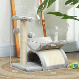 PawHut Kitten Activity Tree with Sisal Scratching Posts, Compact Cat Play Tower with Rotating Bar, Tunnel, Grey - Aosom UK - thumbnail 3