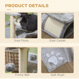 PawHut Kitten Activity Tree with Sisal Scratching Posts, Compact Cat Play Tower with Rotating Bar, Tunnel, Grey - Aosom UK - thumbnail 6