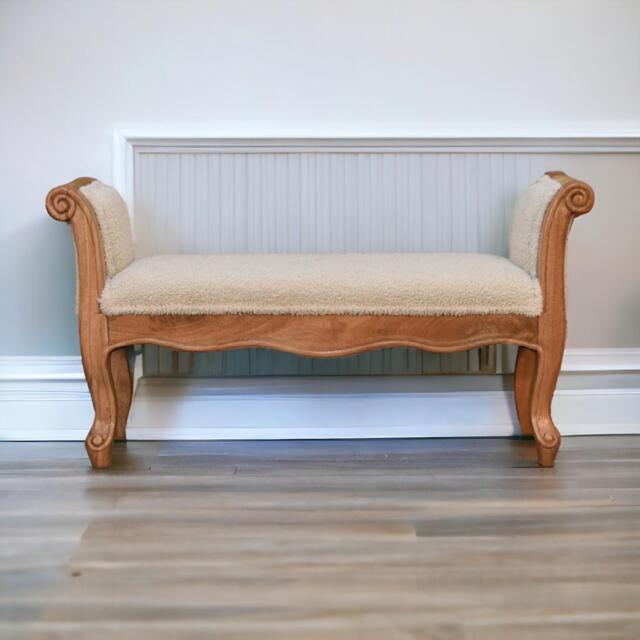 Solid Wood Boucle French Style Bench with Textural Upholstery, Handcrafted Durable Stool for Living Room, 30L x 100W x 53H cm, Brown - Aosom UK - image 1
