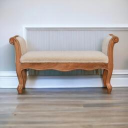Solid Wood Boucle French Style Bench with Textural Upholstery, Handcrafted Durable Stool for Living Room, 30L x 100W x 53H cm, Brown - Aosom UK - thumbnail 1