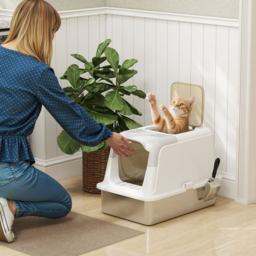 PawHut Extra Large Stainless Steel Litter Box, Enclosed Cat Litter Tray with Scoop, Deodorizer Bag, Front-Entry and Top-Exit - thumbnail 2