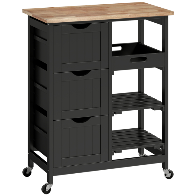 HOMCOM Rolling Kitchen Island Cart, Bar Serving Cart, Compact Trolley on Wheels with Wood Top, Shelves & Drawers for Home Dining Area, Black - image 1