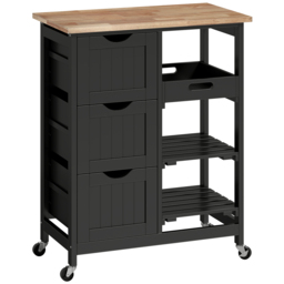 HOMCOM Rolling Kitchen Island Cart, Bar Serving Cart, Compact Trolley on Wheels with Wood Top, Shelves & Drawers for Home Dining Area, Black - thumbnail 1