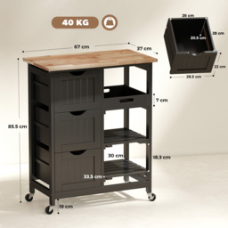 HOMCOM Rolling Kitchen Island Cart, Bar Serving Cart, Compact Trolley on Wheels with Wood Top, Shelves & Drawers for Home Dining Area, Black - thumbnail 3