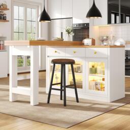 Extendable Kitchen Island with Multicolour RGB LED Lighting, Modern Dining Table with 3 Deep Drawers, 120L x 40W x 75.5H cm, White - Aosom UK