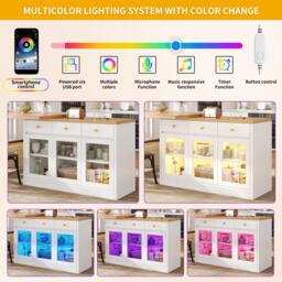 Extendable Kitchen Island with Multicolour RGB LED Lighting, Modern Dining Table with 3 Deep Drawers, 120L x 40W x 75.5H cm, White - Aosom UK - thumbnail 6