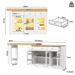 Extendable Kitchen Island with Multicolour RGB LED Lighting, Modern Dining Table with 3 Deep Drawers, 120L x 40W x 75.5H cm, White - Aosom UK - thumbnail 3
