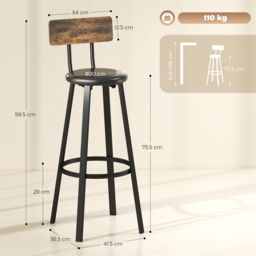 HOMCOM Upholstered Bar Stools Set of 2 with Backrest and Footrest - Rustic Brown and Black - thumbnail 3