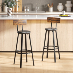 HOMCOM Upholstered Bar Stools Set of 2 with Backrest and Footrest - Rustic Brown and Black - thumbnail 2