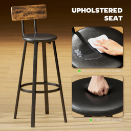 HOMCOM Upholstered Bar Stools Set of 2 with Backrest and Footrest - Rustic Brown and Black - thumbnail 4