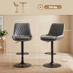 HOMCOM Retro Bar Stools Set of 2, Adjustable Kitchen Stool, Upholstered Bar Chairs with Back, Swivel Seat, Dark Grey - thumbnail 3