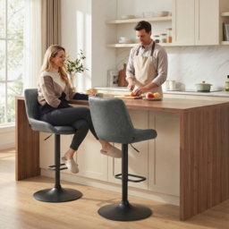 HOMCOM Retro Bar Stools Set of 2, Adjustable Kitchen Stool, Upholstered Bar Chairs with Back, Swivel Seat, Dark Grey - thumbnail 2