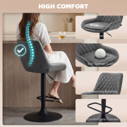 HOMCOM Retro Bar Stools Set of 2, Adjustable Kitchen Stool, Upholstered Bar Chairs with Back, Swivel Seat, Dark Grey - thumbnail 7