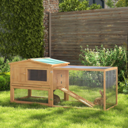 Pawhut Wooden Rabbit Hutch Guinea Pig hutch House 2 Tier with Rabbit Run for Outdoor Garden Backyard, Natural - thumbnail 2