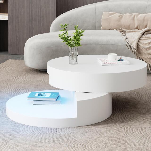 Round Rotating Coffee Table with Remote-Controlled LED Strip, Space-Saving Tabletop with Double-Layer Storage, 70L x 70W x 35.5H cm, White - Aosom UK - image 1