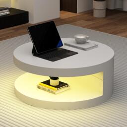 Round Rotating Coffee Table with Remote-Controlled LED Strip, Space-Saving Tabletop with Double-Layer Storage, 70L x 70W x 35.5H cm, White - Aosom UK - thumbnail 8