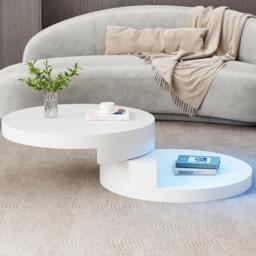 Round Rotating Coffee Table with Remote-Controlled LED Strip, Space-Saving Tabletop with Double-Layer Storage, 70L x 70W x 35.5H cm, White - Aosom UK - thumbnail 7