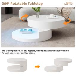 Round Rotating Coffee Table with Remote-Controlled LED Strip, Space-Saving Tabletop with Double-Layer Storage, 70L x 70W x 35.5H cm, White - Aosom UK - thumbnail 6
