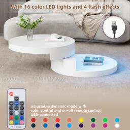 Round Rotating Coffee Table with Remote-Controlled LED Strip, Space-Saving Tabletop with Double-Layer Storage, 70L x 70W x 35.5H cm, White - Aosom UK - thumbnail 5