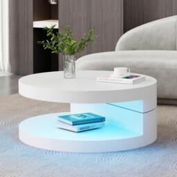 Round Rotating Coffee Table with Remote-Controlled LED Strip, Space-Saving Tabletop with Double-Layer Storage, 70L x 70W x 35.5H cm, White - Aosom UK - thumbnail 9