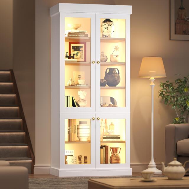 Modern Display Cabinet with Integrated LED Mood Lighting, Adjustable-Shelf Bookcase for Industrial Interiors, 80L x 40W x 180H cm, White - Aosom UK - image 1
