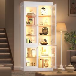 Modern Display Cabinet with Integrated LED Mood Lighting, Adjustable-Shelf Bookcase for Industrial Interiors, 80L x 40W x 180H cm, White - Aosom UK - thumbnail 8