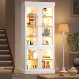 Modern Display Cabinet with Integrated LED Mood Lighting, Adjustable-Shelf Bookcase for Industrial Interiors, 80L x 40W x 180H cm, White - Aosom UK