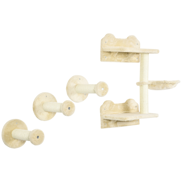 PawHut Feline Climbing Haven: Wall-Mounted Shelves with Hammock, Steps & Scratching Post, Beige - Aosom UK - image 1