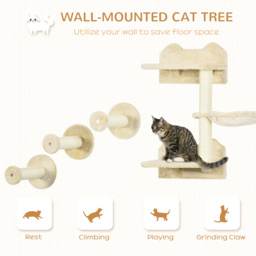 PawHut Feline Climbing Haven: Wall-Mounted Shelves with Hammock, Steps & Scratching Post, Beige - Aosom UK - thumbnail 4