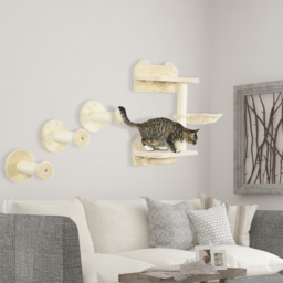 PawHut Feline Climbing Haven: Wall-Mounted Shelves with Hammock, Steps & Scratching Post, Beige - Aosom UK - thumbnail 8