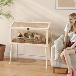 PawHut Wooden Hamster Cage, Hamster Habitat with Openable Top, Seesaws, Platforms, Water Bottle for Gerbils, 110 x 52 x 101 cm - thumbnail 2