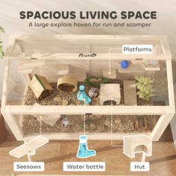 PawHut Wooden Hamster Cage, Hamster Habitat with Openable Top, Seesaws, Platforms, Water Bottle for Gerbils, 110 x 52 x 101 cm - thumbnail 4
