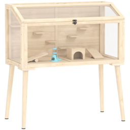PawHut Wooden Hamster Cage, Hamster Habitat with Openable Top, Seesaws, Platforms, Water Bottle for Gerbils, 110 x 52 x 101 cm - thumbnail 1