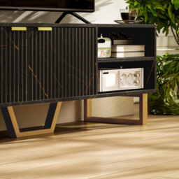 "HOMCOM Marble Effect TV Unit, TV Stand Cabinet for up to 70"" TVs, Modern TV Cabinet with Shelves and Storage Cupboard, Fluted Door, Extra Centre Leg, Cable Management for Living Room, Black" - thumbnail 9