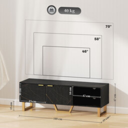 "HOMCOM Marble Effect TV Unit, TV Stand Cabinet for up to 70"" TVs, Modern TV Cabinet with Shelves and Storage Cupboard, Fluted Door, Extra Centre Leg, Cable Management for Living Room, Black" - thumbnail 3