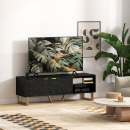 "HOMCOM Marble Effect TV Unit, TV Stand Cabinet for up to 70"" TVs, Modern TV Cabinet with Shelves and Storage Cupboard, Fluted Door, Extra Centre Leg, Cable Management for Living Room, Black" - thumbnail 8