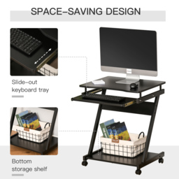 HOMCOM Movable Compact Small Computer Desk with 4 Moving Wheels Sliding Keyboard Tray Home Office Gaming Study Workstation Black - Aosom UK - thumbnail 5